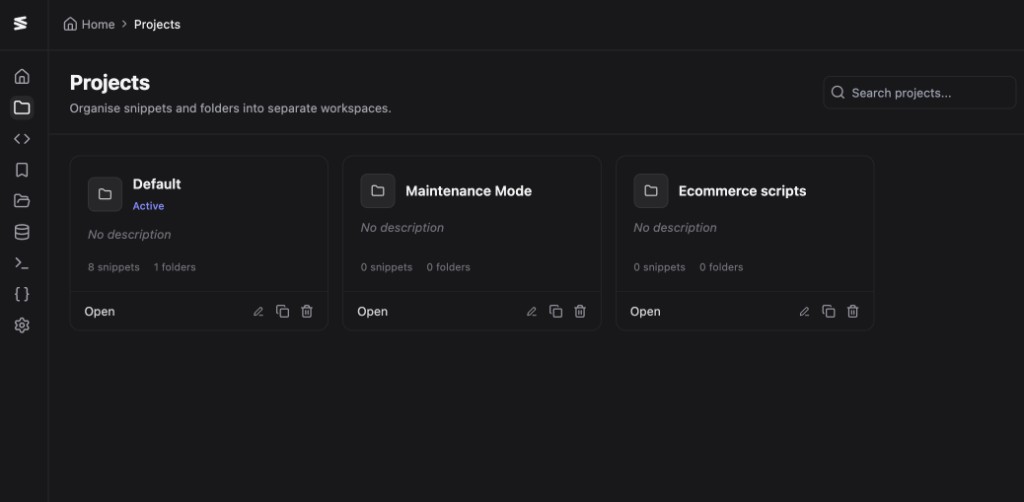 Project Workspaces overview showing Default, Maintenance Mode, and Ecommerce Scripts projects