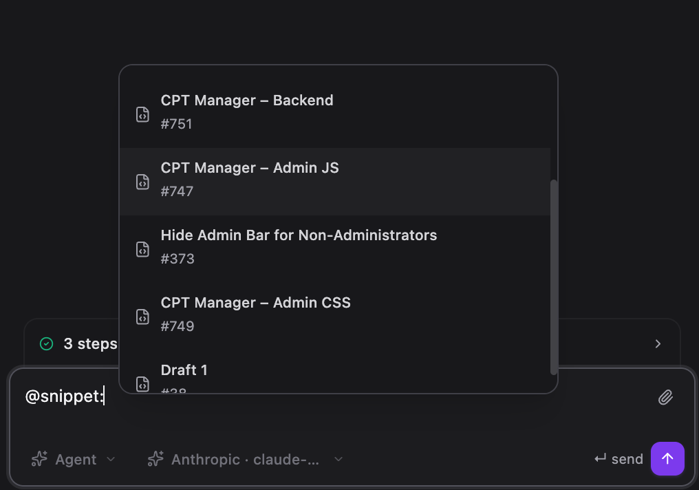 Context selector showing @snippet autocomplete in the Snippet Engineer composer